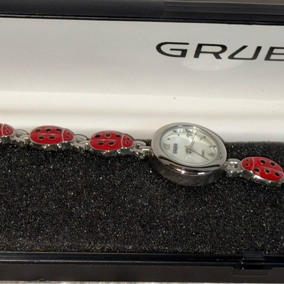 Gruen Red and Gold Enamel Lady Bug Watch Bracelet - Picture 3 of 14